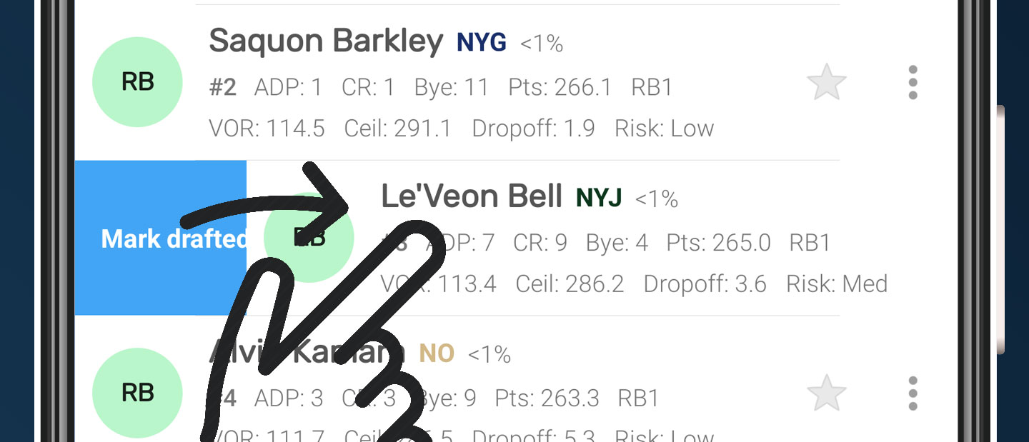 Drafting a player with a swipe in Draft Punk for Android